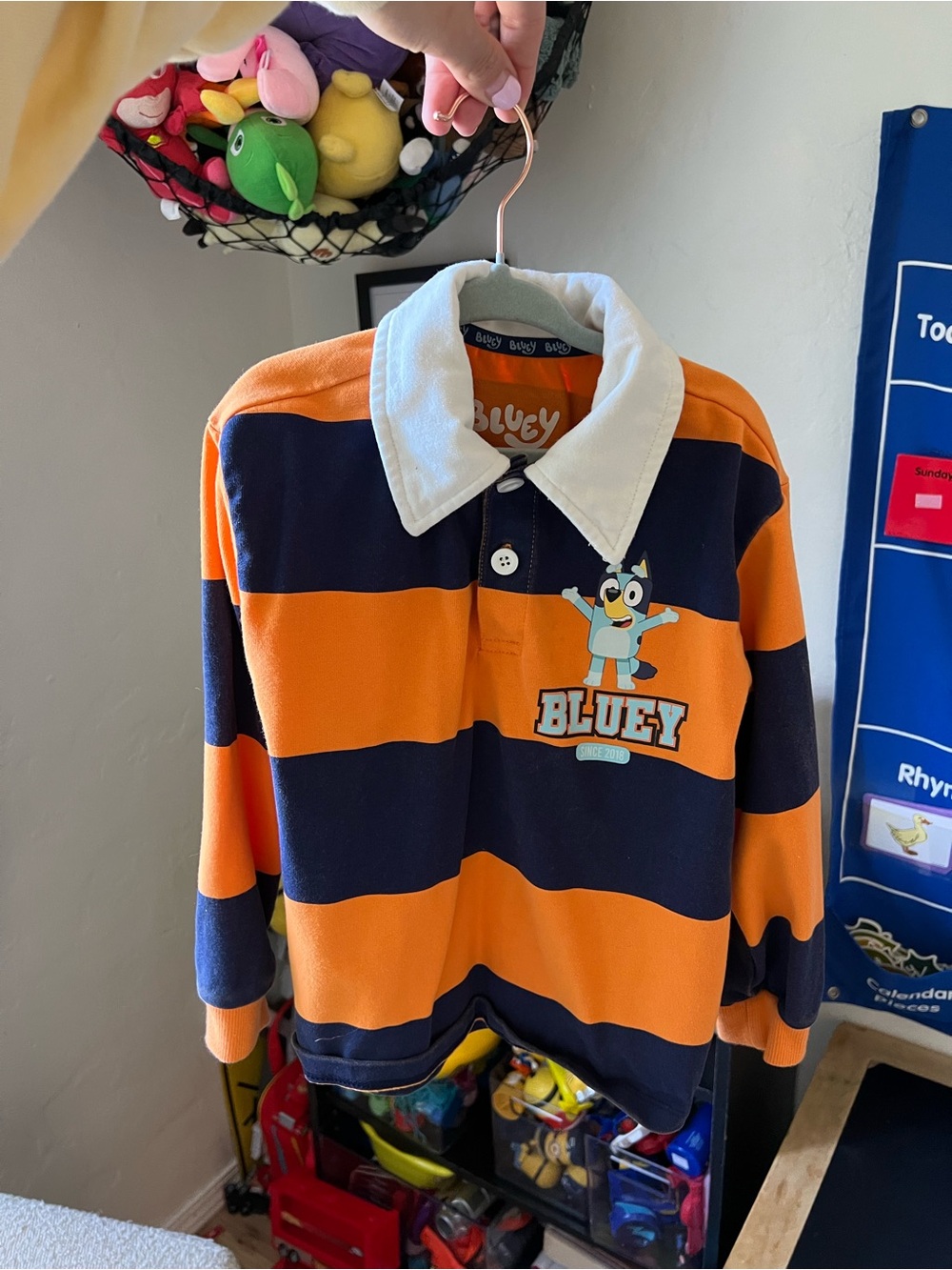 Kids' Rugby Shirt - Orange & Navy Stripe with White Collar
